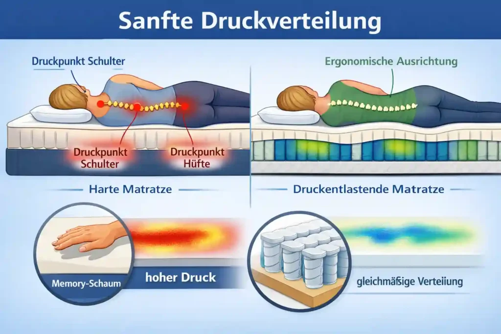 Vergleich einer harten und druckentlastenden Matratze mit Darstellung der Druckpunkte an Schulter und Hüfte